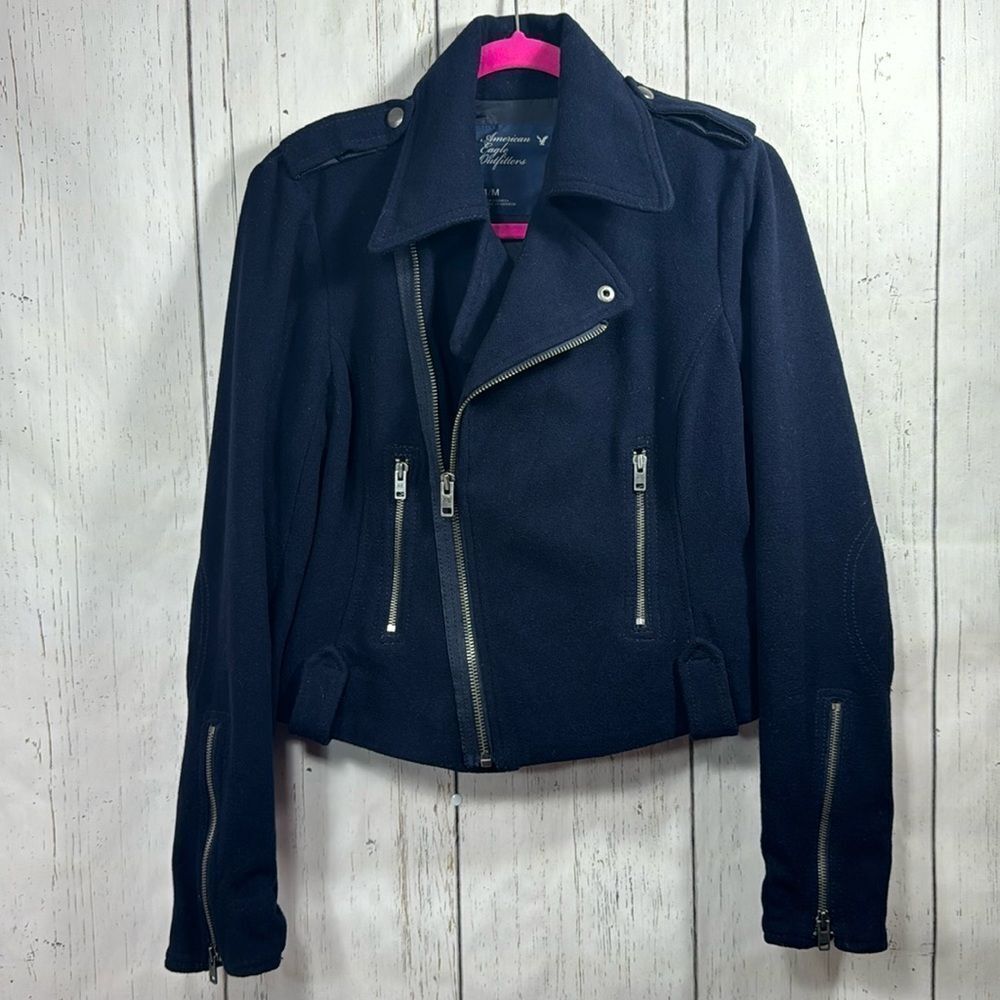 American Eagle Y2K Moto Jacket Navy Wool Blend Zipper Details Edgy Streetwear M